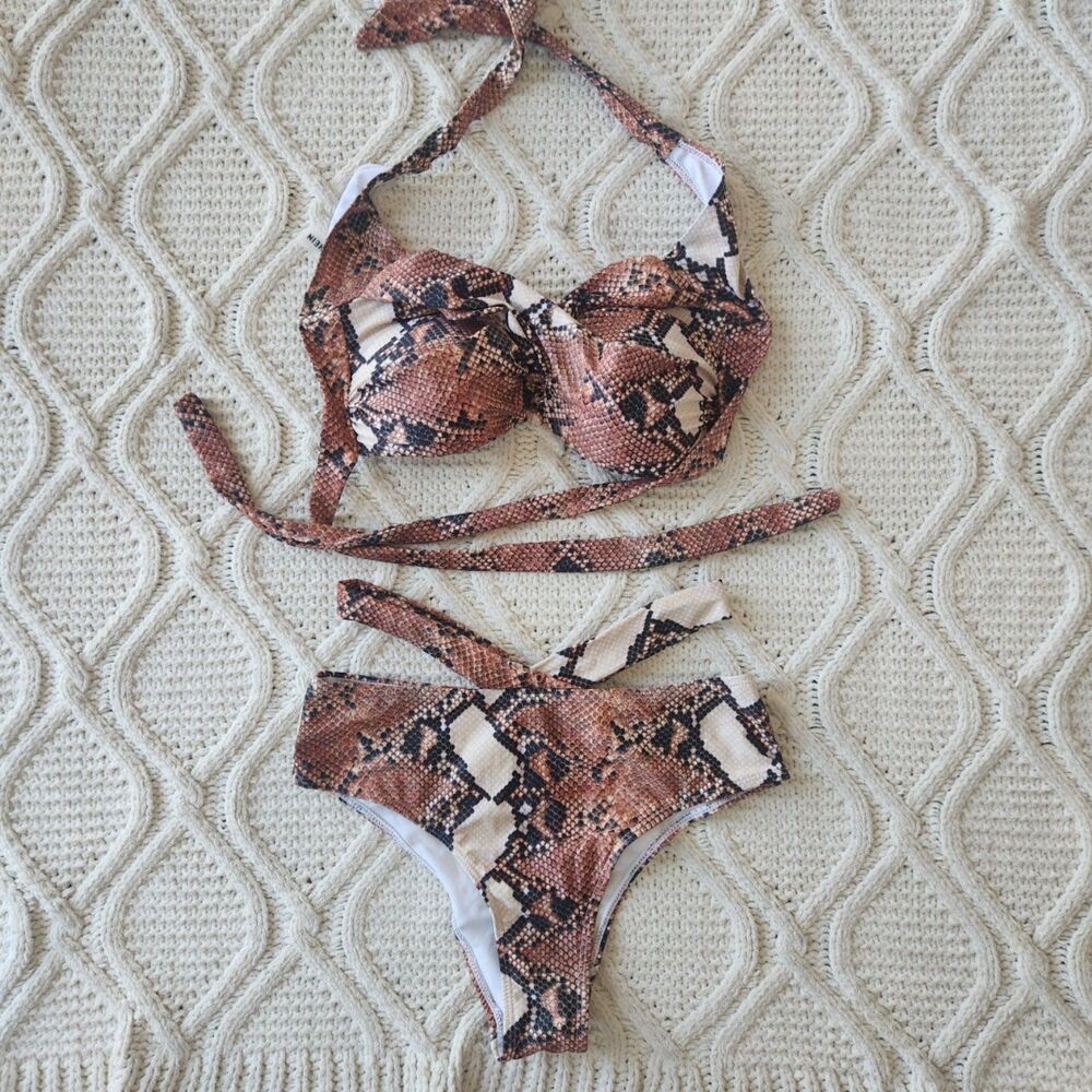 Shein Brown/Tan 2 piece padded underwire snakeskin print bikini